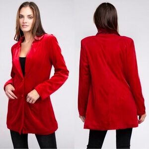BiBi Shiny Velvet Peak Lapel Single Oversized Long Blazer Jacket Red Small NEW